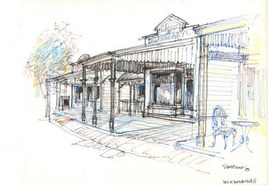 Drawing of shop front on High Street in the town of Yackandandah in Victoria, Australia.