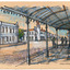 Drawing of the intersection between Camp Street and Ford Street of the town of Beechworth in Victoria, Australia. On the right side of the image are three figures standing under a balcany.
