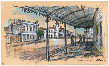 Drawing of the intersection between Camp Street and Ford Street of the town of Beechworth in Victoria, Australia. On the right side of the image are three figures standing under a balcany.