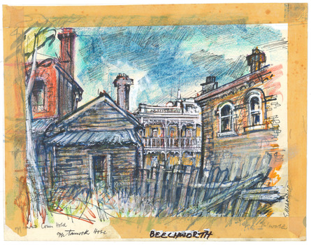 Drawing of behind the Townswell Hotel that is situated on Ford Street in the town of Beechworth, Victoria.