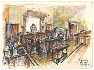 Drawing of the inside of the Historic Courthouse in the town of Beechworth, Victoria