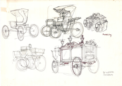 Sketches of various horse drawn carriages that were stored in the town of Beechworth Victoria.