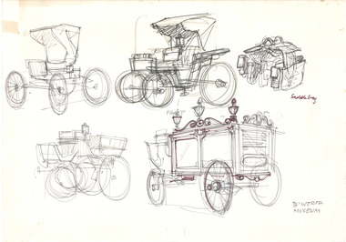 Sketches of various horse drawn carriages that were stored in the town of Beechworth Victoria.