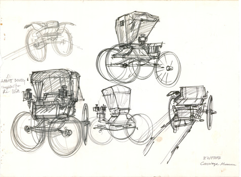 Sketches of various horse drawn carriages that are part of the Carriage Museum in the town of Beechworth, Victoria.