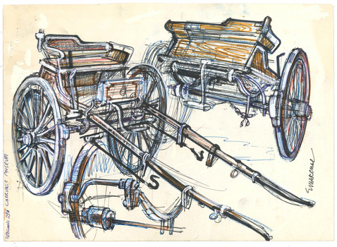 Sketches of various horse drawn carriages that were stored in the town of Beechworth Victoria.