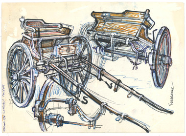 Sketches of various horse drawn carriages that were stored in the town of Beechworth Victoria.
