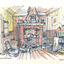 Drawing of the inside of kitchen in a house in Yackandandah, featuring a fire place and various pots and pans on the floor.