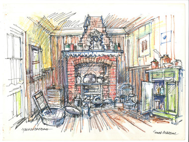 Drawing of the inside of kitchen in a house in Yackandandah, featuring a fire place and various pots and pans on the floor.