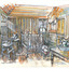 Drawing of child's bedroom in a house in the town of Yackandandah, featuring a crib, chair and various children's toys.