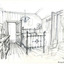 Drawing of the inside of a bedroom house in Yackandandah, featuring a bed and various furnishings