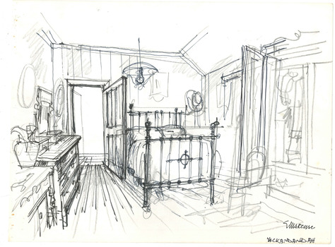 Drawing of the inside of a bedroom house in Yackandandah, featuring a bed and various furnishings