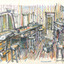 Drawing of the inside the Bank of Victoria in the town of Yackandandah, featuring a bench, chairs and various administrative objects.