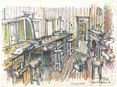 Drawing of the inside the Bank of Victoria in the town of Yackandandah, featuring a bench, chairs and various administrative objects.