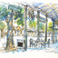 Drawing of a streescape in the town of Yackandandah, featuring a footpath with a set of café table and chairs.