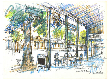 Drawing of a streescape in the town of Yackandandah, featuring a footpath with a set of café table and chairs.