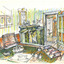 Drawing of the inside of an office in the Bank of Victoria in the town of Victoria