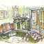 Drawing of the inside of an office in the Bank of Victoria in the town of Victoria
