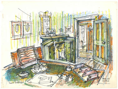 Drawing of the inside of an office in the Bank of Victoria in the town of Victoria