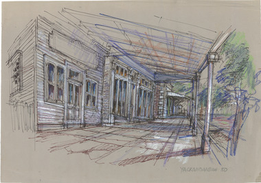 Drawing of a streescape in the town of Yackandandah.