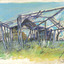 Drawing of building  that has been burnt down and all that remains is the skeleton on the building. 