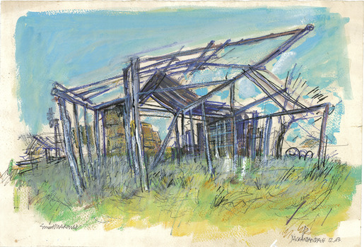 Drawing of building  that has been burnt down and all that remains is the skeleton on the building. 