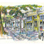 Drawing of a streescape in the town of Yackandandah, featuring a footpath with a set of café table and chairs.