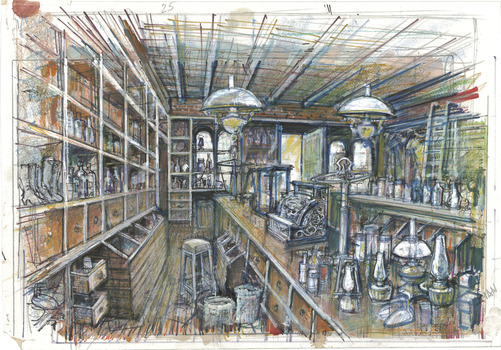 Drawing of the inside of a pharmacy in the town of Chiltern