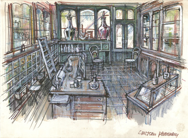 Drawing of the inside of a pharmacy in the town of Chiltern 