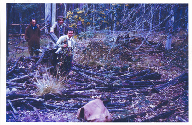 A colour rectangular landscape photograph of three individuals standing in a clearing of burnt logs arranged in a rough circular pattern