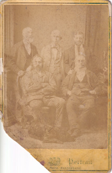 Portrait of 5 male members if the Beechworth Mining District, three men are standing, two are seated. 