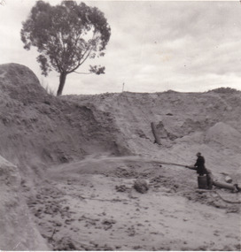Image of a miner sluicing a high bank of dirt with a hose. There is a tree on the bank of dirt. Cropped view.