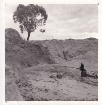 Image of a miner sluicing a high bank of dirt with a hose. There is a tree on the bank of dirt.