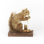 Squirrel standing on a wooden platform clutching an acorn in its hands. Acorns are also located on the platform and a paper tag hands from the specimen's arm.