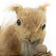 Squirrel standing on a wooden platform clutching an acorn in its hands. Acorns are also located on the platform and a paper tag hands from the specimen's arm.