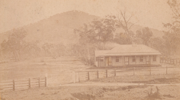 Glenrowan streetscape in 1883 showing newly built police station on site of Ann Jones Hotel