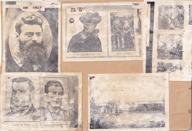 A collection of black and white reproduced photographs of Ned Kelly, his mother Mrs Kelly and Uncle Jim Kelly, Associate Aaron Sherritt, and Sergeant Michael Kennedy