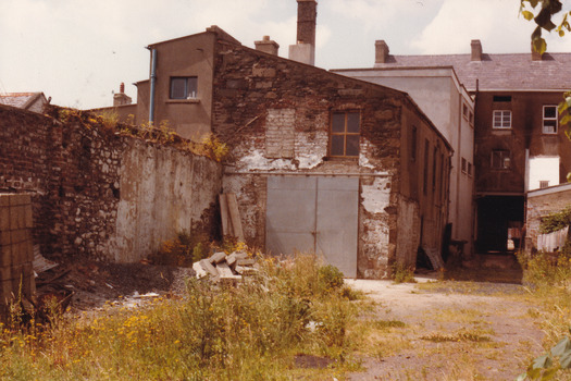 A coloured photograph from the backyard of a large building. Closest to the camera, the building is mostly made of brick with fading paint, while other sections of the building are painted solid colours.