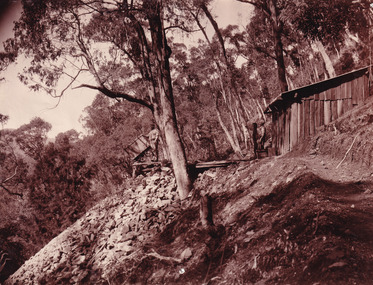 Image taken outside a hut at Beechworth. Image depicts two men standing at the entrance of a wooden hut, with a mine cart near the edge of the cliff. The hut and men are surrounded by trees.
