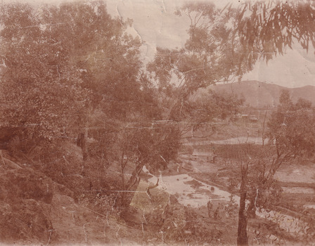 Image taken at Matthew's Gully of a small valley with a building at the base with water surrounding it and a few cottages on the hillside above it. A large portion of the left side of the photos are trees.
