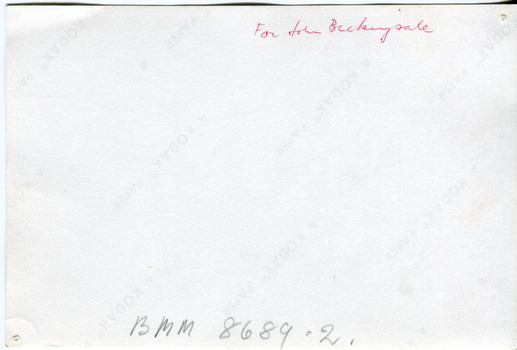 Back of photograph. Handwriting: "For John Beckingsale"