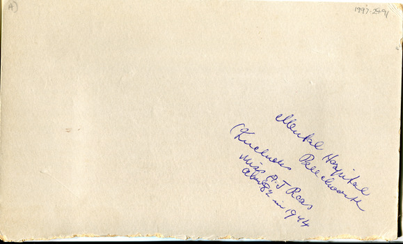 Back of mounted photograph. Handwriting reads: "Mental Hospital Beechworth. ... Miss A. J. Ross.... 1944