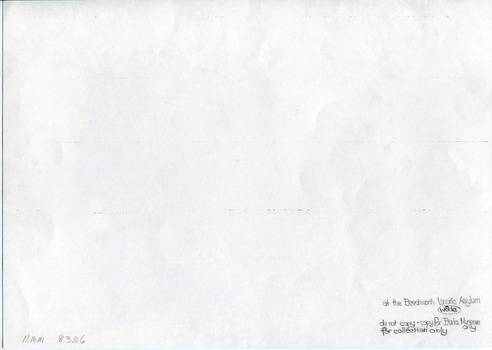 Reverse side of photograph with a smooth matte texture, with some handwriting in the bottom right corner saying "at the Beechworth Lunatic Asylum (wade) do not copy-copy for Burke Museum only for collection only". In the bottom left corner is written in pencil "BMM 8326", this is the collection identifier.