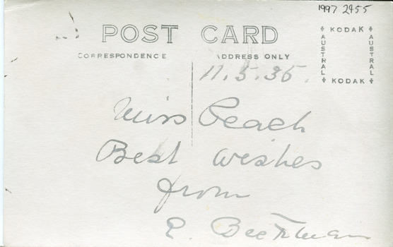 The reverse side of the postcard displaying message "Miss Peach, Best wishes from P. Beckmann" and the date 11.5.35