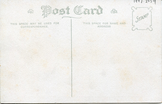 The reverse side of the postcard with space provided for correspondence and an address, this has been left blank. The collection identifying number 1997.2459 is in the top right corner