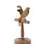 two diamond firetail birds standing on a wooden mount, one facing forward, one facing backward
