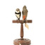 two diamond firetail birds standing on a wooden mount, one facing front, one facing back