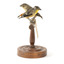 two spotted pardalote birds standing on a wooden mount facing left/right