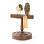 two spotted pardalote birds standing on a wooden mount facing front/back