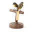 two spotted pardalote birds standing on a wooden mount facing front left/right back left/right)