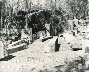 A stone quarry surrounded by trees, rectangular granite stone blocks lie in the foreground.